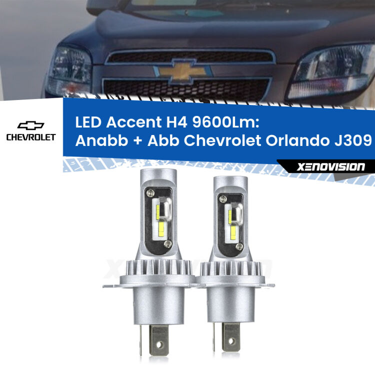 Anabbaglianti LED H4 9600Lm per Chevrolet Orlando J309 2011 - 2019 <strong>Kit LED per anabbaglianti + abbaglianti Orlando</strong> J309 2011 - 2019.</strong> Coppia lampade <strong>H4</strong> doppia intensità senza ventola e ultracompatte per installazioni in fari senza spazi.