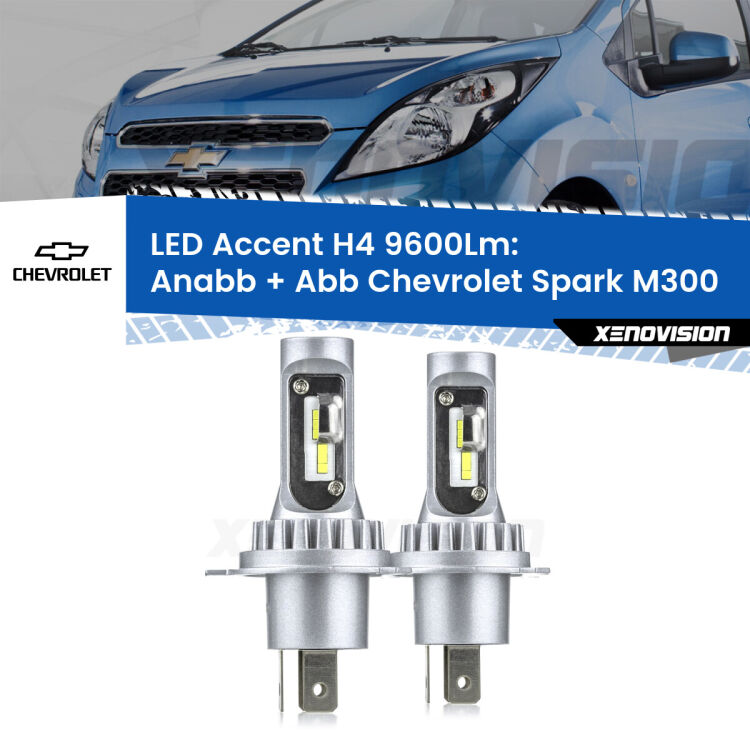 Anabbaglianti LED H4 9600Lm per Chevrolet Spark M300 2009 - 2016 <strong>Kit LED per anabbaglianti + abbaglianti Spark</strong> M300 2009 - 2016.</strong> Coppia lampade <strong>H4</strong> doppia intensità senza ventola e ultracompatte per installazioni in fari senza spazi.