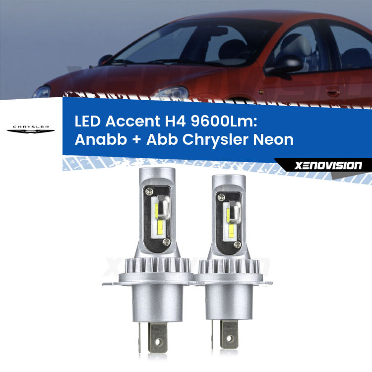 Anabbaglianti LED H4 9600Lm per Chrysler Neon 1994 - 1999 <strong>Kit LED per anabbaglianti + abbaglianti Neon</strong> 1994 - 1999.</strong> Coppia lampade <strong>H4</strong> doppia intensità senza ventola e ultracompatte per installazioni in fari senza spazi.