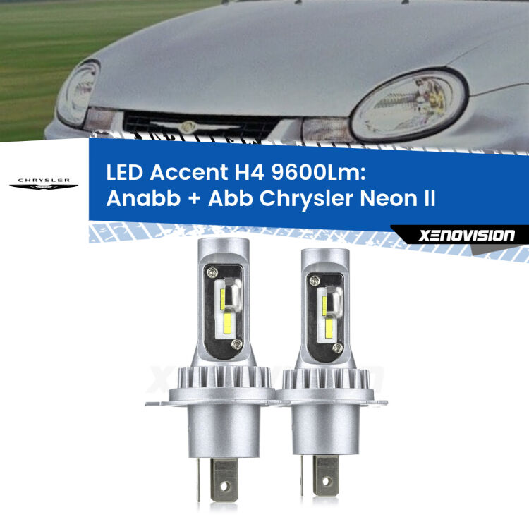 Anabbaglianti LED H4 9600Lm per Chrysler Neon II 1999 - 2006 <strong>Kit LED per anabbaglianti + abbaglianti Neon II</strong> 1999 - 2006.</strong> Coppia lampade <strong>H4</strong> doppia intensità senza ventola e ultracompatte per installazioni in fari senza spazi.