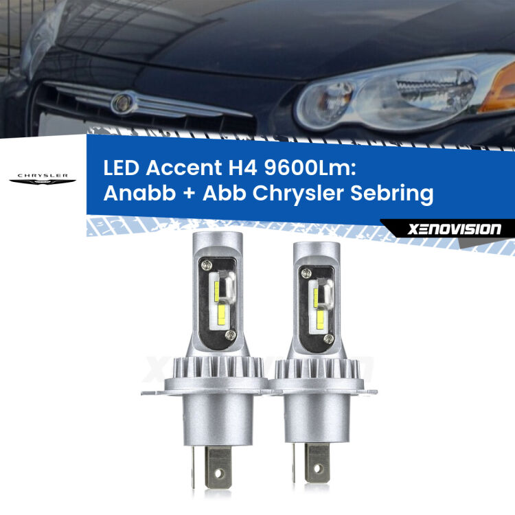Anabbaglianti LED H4 9600Lm per Chrysler Sebring 2001 - 2007 <strong>Kit LED per anabbaglianti + abbaglianti Sebring</strong> 2001 - 2007.</strong> Coppia lampade <strong>H4</strong> doppia intensità senza ventola e ultracompatte per installazioni in fari senza spazi.
