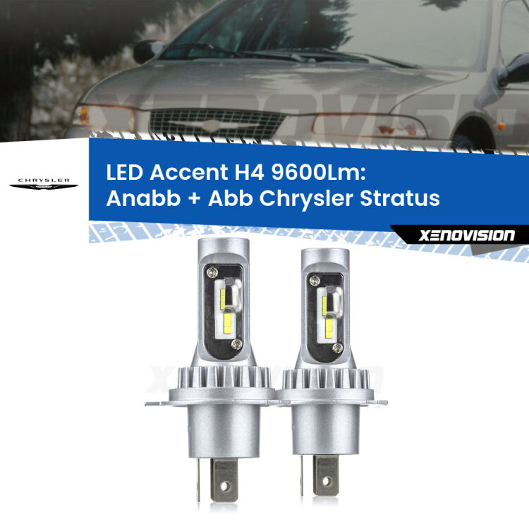 Anabbaglianti LED H4 9600Lm per Chrysler Stratus 1995 - 2001 <strong>Kit LED per anabbaglianti + abbaglianti Stratus</strong> 1995 - 2001.</strong> Coppia lampade <strong>H4</strong> doppia intensità senza ventola e ultracompatte per installazioni in fari senza spazi.