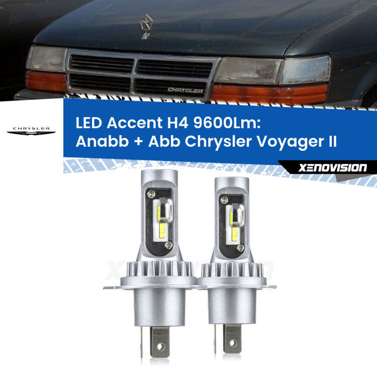 Anabbaglianti LED H4 9600Lm per Chrysler Voyager II 1990 - 1995 <strong>Kit LED per anabbaglianti + abbaglianti Voyager II</strong> 1990 - 1995.</strong> Coppia lampade <strong>H4</strong> doppia intensità senza ventola e ultracompatte per installazioni in fari senza spazi.