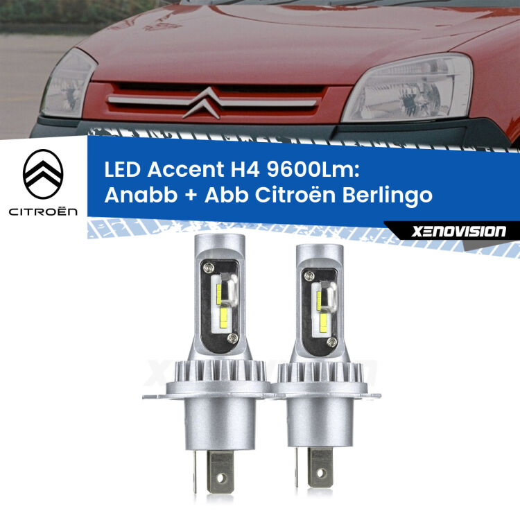 Anabbaglianti LED H4 9600Lm per Citroën Berlingo 1996 - 2007 <strong>Kit LED per anabbaglianti + abbaglianti Berlingo</strong> 1996 - 2007.</strong> Coppia lampade <strong>H4</strong> doppia intensità senza ventola e ultracompatte per installazioni in fari senza spazi.