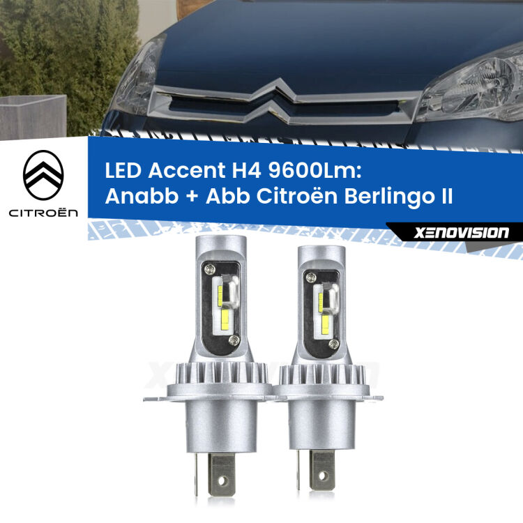 0 Anabbaglianti LED H4 9600Lm per Citroën Berlingo II 2008 - 2017 <strong>Kit LED per anabbaglianti + abbaglianti Berlingo</strong> II 2008 - 2017.</strong> Coppia lampade <strong>H4</strong> doppia intensità senza ventola e ultracompatte per installazioni in fari senza spazi.
