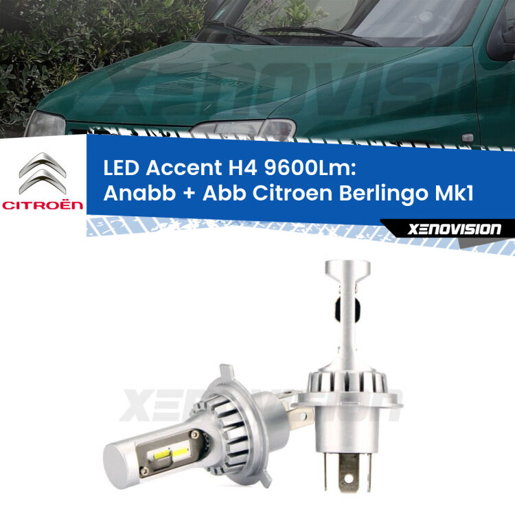 <strong>Kit LED per anabbaglianti + abbaglianti Berlingo</strong> Mk1 1996 - 2007.</strong> Coppia lampade <strong>H4</strong> doppia intensità senza ventola e ultracompatte per installazioni in fari senza spazi.