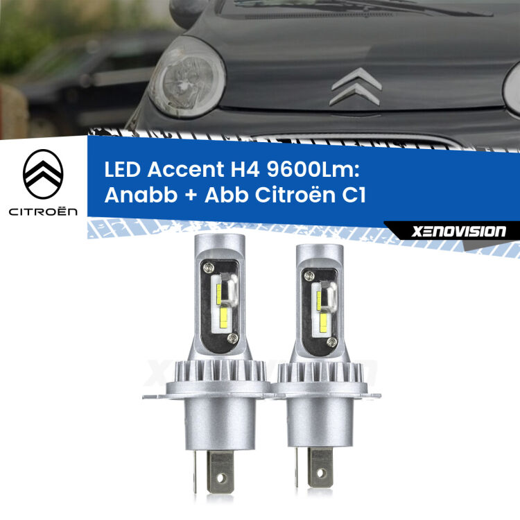 Anabbaglianti LED H4 9600Lm per Citroën C1  2005 - 2013 <strong>Kit LED per anabbaglianti + abbaglianti C1</strong>  2005 - 2013.</strong> Coppia lampade <strong>H4</strong> doppia intensità senza ventola e ultracompatte per installazioni in fari senza spazi.