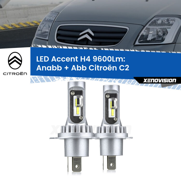 Anabbaglianti LED H4 9600Lm per Citroën C2 2003 - 2009 <strong>Kit LED per anabbaglianti + abbaglianti C2</strong> 2003 - 2009.</strong> Coppia lampade <strong>H4</strong> doppia intensità senza ventola e ultracompatte per installazioni in fari senza spazi.