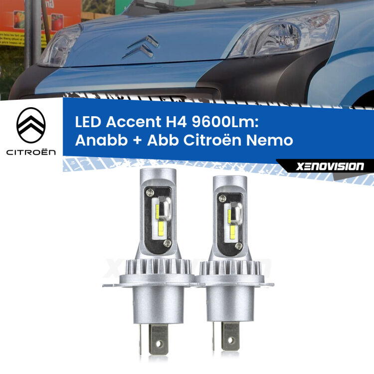Anabbaglianti LED H4 9600Lm per Citroën Nemo 2008 in poi <strong>Kit LED per anabbaglianti + abbaglianti Nemo</strong> 2008 in poi.</strong> Coppia lampade <strong>H4</strong> doppia intensità senza ventola e ultracompatte per installazioni in fari senza spazi.