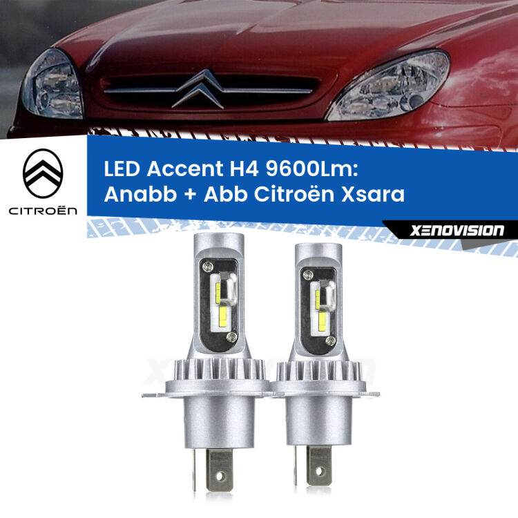 Anabbaglianti LED H4 9600Lm per Citroën Xsara a parabola singola <strong>Kit LED per anabbaglianti + abbaglianti Xsara</strong> a parabola singola.</strong> Coppia lampade <strong>H4</strong> doppia intensità senza ventola e ultracompatte per installazioni in fari senza spazi.