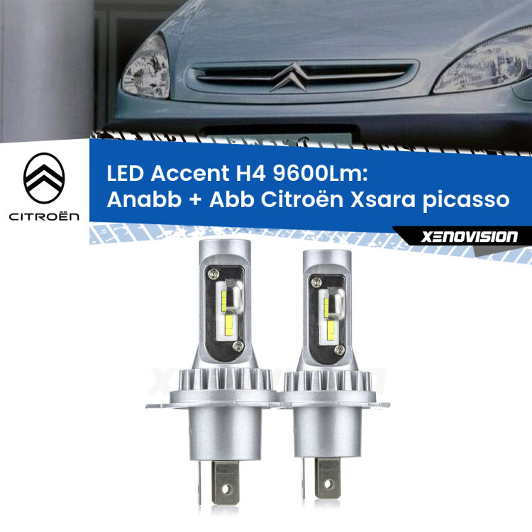 Anabbaglianti LED H4 9600Lm per Citroën Xsara picasso  1999 - 2012 <strong>Kit LED per anabbaglianti + abbaglianti Xsara picasso</strong>  1999 - 2012.</strong> Coppia lampade <strong>H4</strong> doppia intensità senza ventola e ultracompatte per installazioni in fari senza spazi.