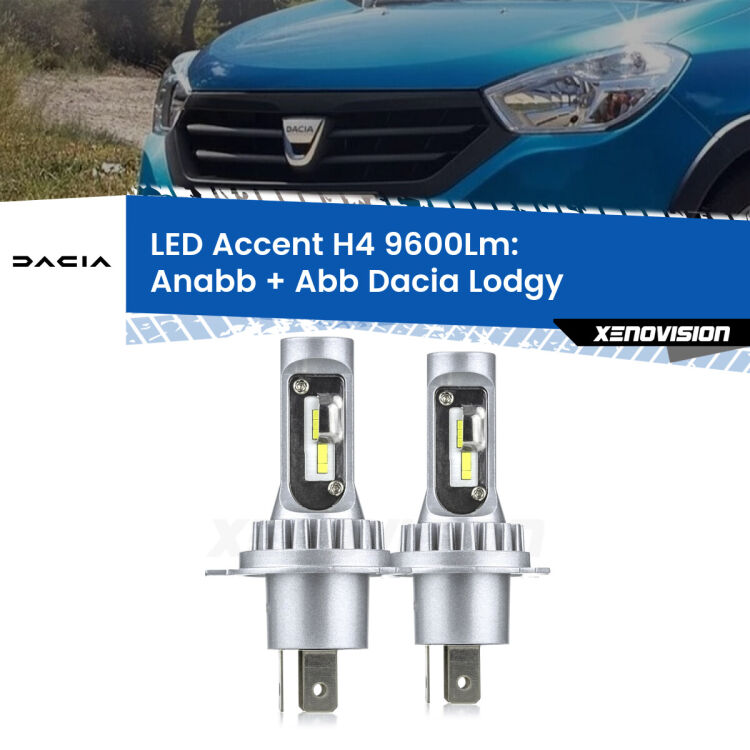 Anabbaglianti LED H4 9600Lm per Dacia Lodgy 2012 in poi <strong>Kit LED per anabbaglianti + abbaglianti Lodgy</strong> 2012 in poi.</strong> Coppia lampade <strong>H4</strong> doppia intensità senza ventola e ultracompatte per installazioni in fari senza spazi.