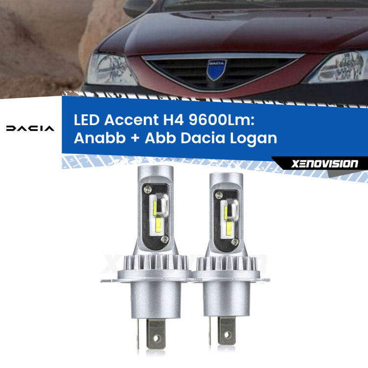 Anabbaglianti LED H4 9600Lm per Dacia Logan 2004 - 2011 <strong>Kit LED per anabbaglianti + abbaglianti Logan</strong> 2004 - 2011.</strong> Coppia lampade <strong>H4</strong> doppia intensità senza ventola e ultracompatte per installazioni in fari senza spazi.