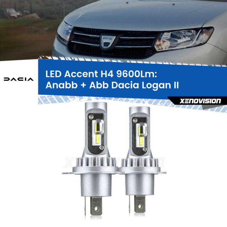 Anabbaglianti LED H4 9600Lm per Dacia Logan II a parabola singola <strong>Kit LED per anabbaglianti + abbaglianti Logan</strong> II a parabola singola.</strong> Coppia lampade <strong>H4</strong> doppia intensità senza ventola e ultracompatte per installazioni in fari senza spazi.