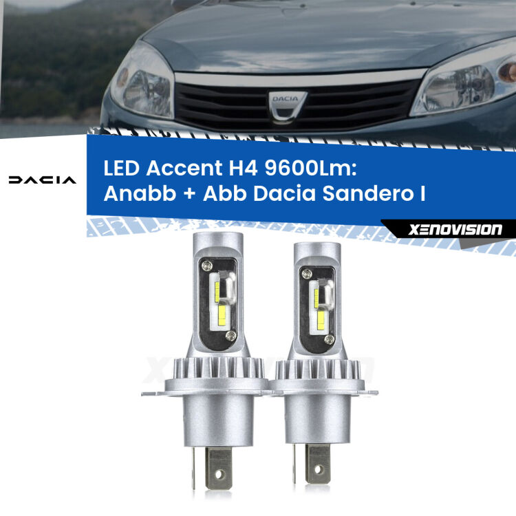 Anabbaglianti LED H4 9600Lm per Dacia Sandero I 2008 - 2012 <strong>Kit LED per anabbaglianti + abbaglianti Sandero I</strong> 2008 - 2012.</strong> Coppia lampade <strong>H4</strong> doppia intensità senza ventola e ultracompatte per installazioni in fari senza spazi.