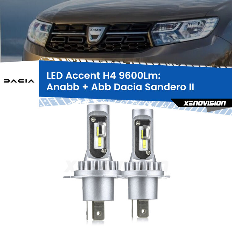 Anabbaglianti LED H4 9600Lm per Dacia Sandero II  a parabola singola <strong>Kit LED per anabbaglianti + abbaglianti Sandero II</strong>  a parabola singola.</strong> Coppia lampade <strong>H4</strong> doppia intensità senza ventola e ultracompatte per installazioni in fari senza spazi.