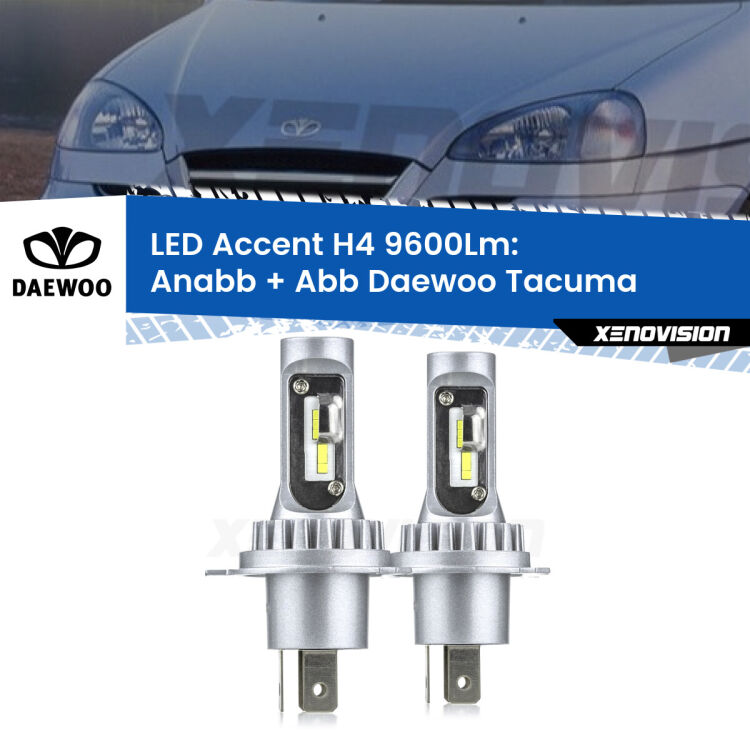 Anabbaglianti LED H4 9600Lm per Daewoo Tacuma 2000 - 2005 <strong>Kit LED per anabbaglianti + abbaglianti Tacuma</strong> 2000 - 2005.</strong> Coppia lampade <strong>H4</strong> doppia intensità senza ventola e ultracompatte per installazioni in fari senza spazi.