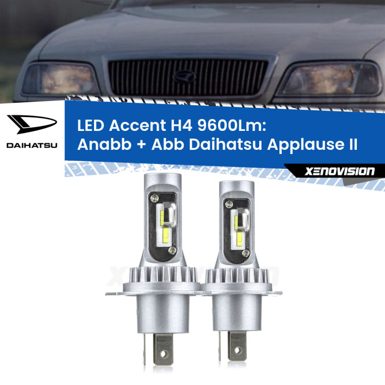 Anabbaglianti LED H4 9600Lm per Daihatsu Applause II 1997 - 2000 <strong>Kit LED per anabbaglianti + abbaglianti Applause</strong> II 1997 - 2000.</strong> Coppia lampade <strong>H4</strong> doppia intensità senza ventola e ultracompatte per installazioni in fari senza spazi.