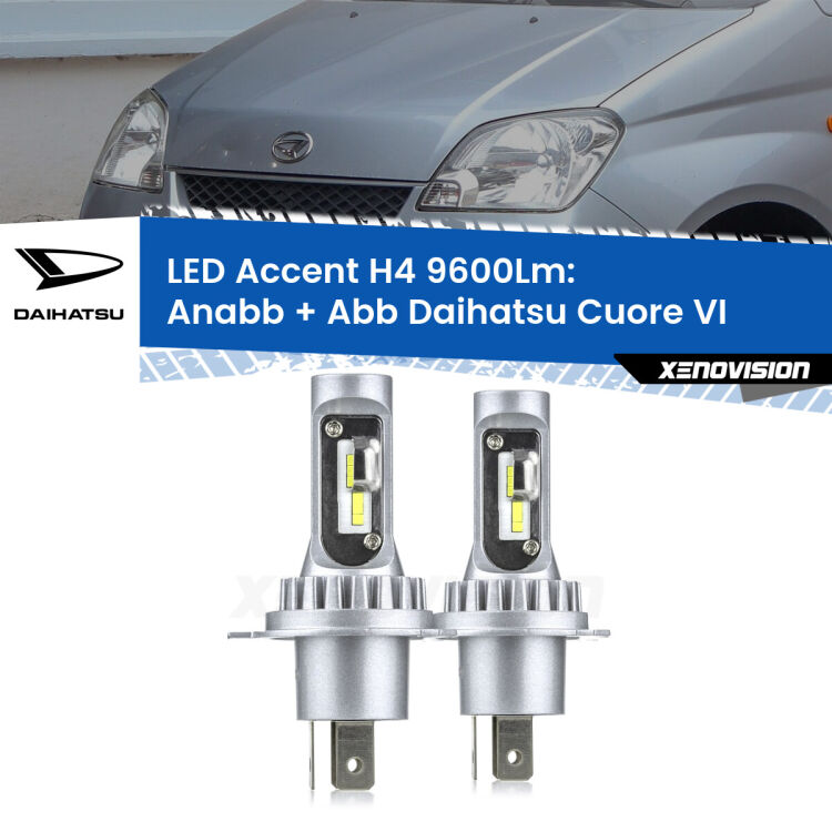 Anabbaglianti LED H4 9600Lm per Daihatsu Cuore VI  2003 - 2007 <strong>Kit LED per anabbaglianti + abbaglianti Cuore VI</strong>  2003 - 2007.</strong> Coppia lampade <strong>H4</strong> doppia intensità senza ventola e ultracompatte per installazioni in fari senza spazi.