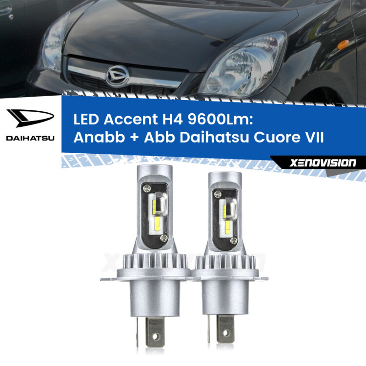 Anabbaglianti LED H4 9600Lm per Daihatsu Cuore VII 2007 - 2018 <strong>Kit LED per anabbaglianti + abbaglianti Cuore VII</strong> 2007 - 2018.</strong> Coppia lampade <strong>H4</strong> doppia intensità senza ventola e ultracompatte per installazioni in fari senza spazi.