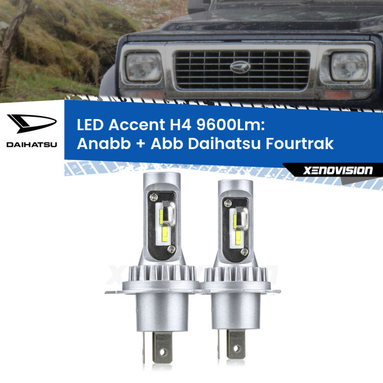 Anabbaglianti LED H4 9600Lm per Daihatsu Fourtrak 1985 - 1998 <strong>Kit LED per anabbaglianti + abbaglianti Fourtrak</strong> 1985 - 1998.</strong> Coppia lampade <strong>H4</strong> doppia intensità senza ventola e ultracompatte per installazioni in fari senza spazi.