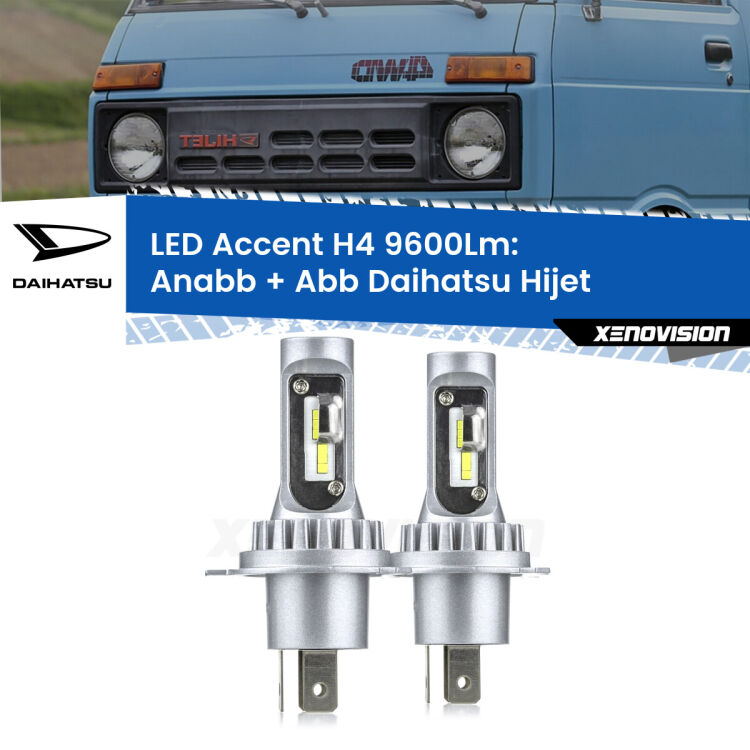 Anabbaglianti LED H4 9600Lm per Daihatsu Hijet 1992 - 2005 <strong>Kit LED per anabbaglianti + abbaglianti Hijet</strong> 1992 - 2005.</strong> Coppia lampade <strong>H4</strong> doppia intensità senza ventola e ultracompatte per installazioni in fari senza spazi.