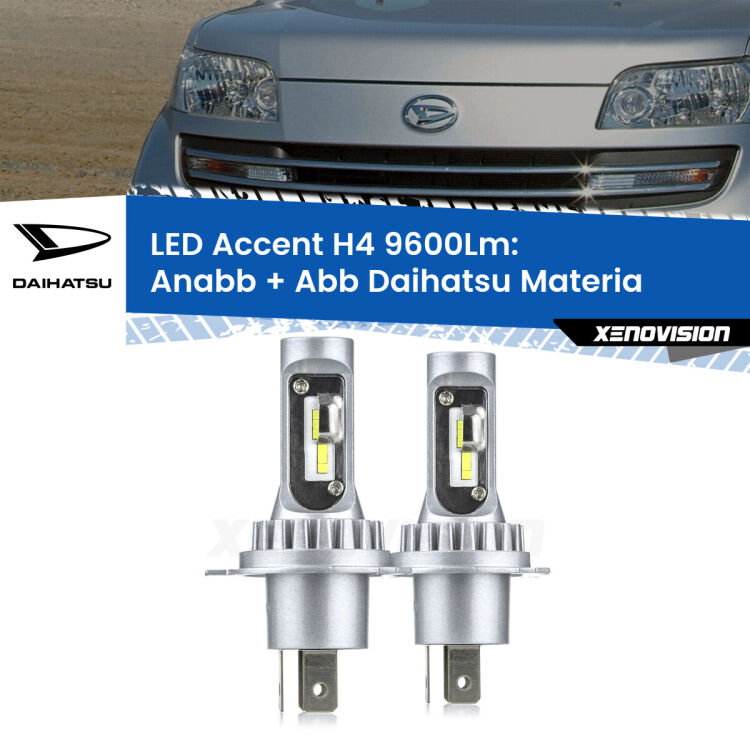 Anabbaglianti LED H4 9600Lm per Daihatsu Materia 2006 in poi <strong>Kit LED per anabbaglianti + abbaglianti Materia</strong> 2006 in poi.</strong> Coppia lampade <strong>H4</strong> doppia intensità senza ventola e ultracompatte per installazioni in fari senza spazi.