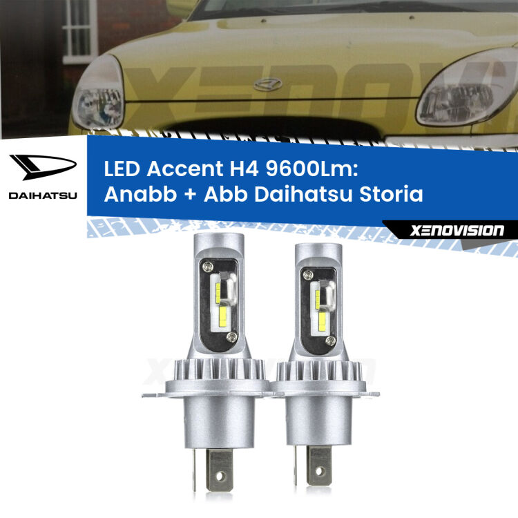 Anabbaglianti LED H4 9600Lm per Daihatsu Storia 1998 - 2005 <strong>Kit LED per anabbaglianti + abbaglianti Storia</strong> 1998 - 2005.</strong> Coppia lampade <strong>H4</strong> doppia intensità senza ventola e ultracompatte per installazioni in fari senza spazi.