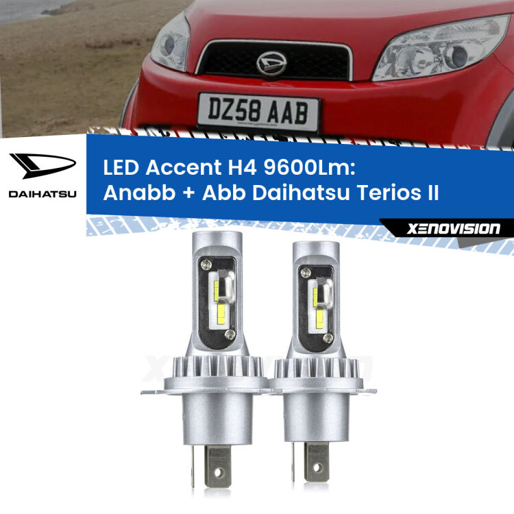 Anabbaglianti LED H4 9600Lm per Daihatsu Terios II a parabola singola <strong>Kit LED per anabbaglianti + abbaglianti Terios</strong> II a parabola singola.</strong> Coppia lampade <strong>H4</strong> doppia intensità senza ventola e ultracompatte per installazioni in fari senza spazi.
