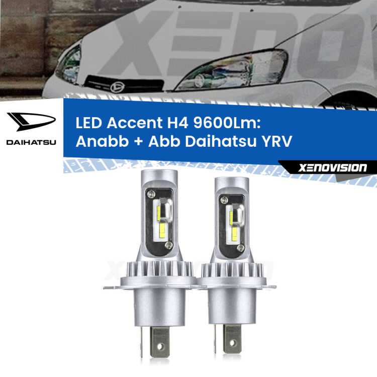 Anabbaglianti LED H4 9600Lm per Daihatsu YRV 2000 - 2005 <strong>Kit LED per anabbaglianti + abbaglianti YRV</strong> 2000 - 2005.</strong> Coppia lampade <strong>H4</strong> doppia intensità senza ventola e ultracompatte per installazioni in fari senza spazi.