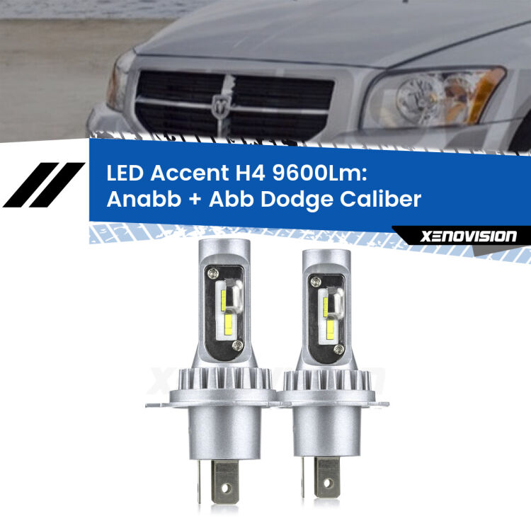 Anabbaglianti LED H4 9600Lm per Dodge Caliber 2006 - 2011 <strong>Kit LED per anabbaglianti + abbaglianti Caliber</strong> 2006 - 2011.</strong> Coppia lampade <strong>H4</strong> doppia intensità senza ventola e ultracompatte per installazioni in fari senza spazi.