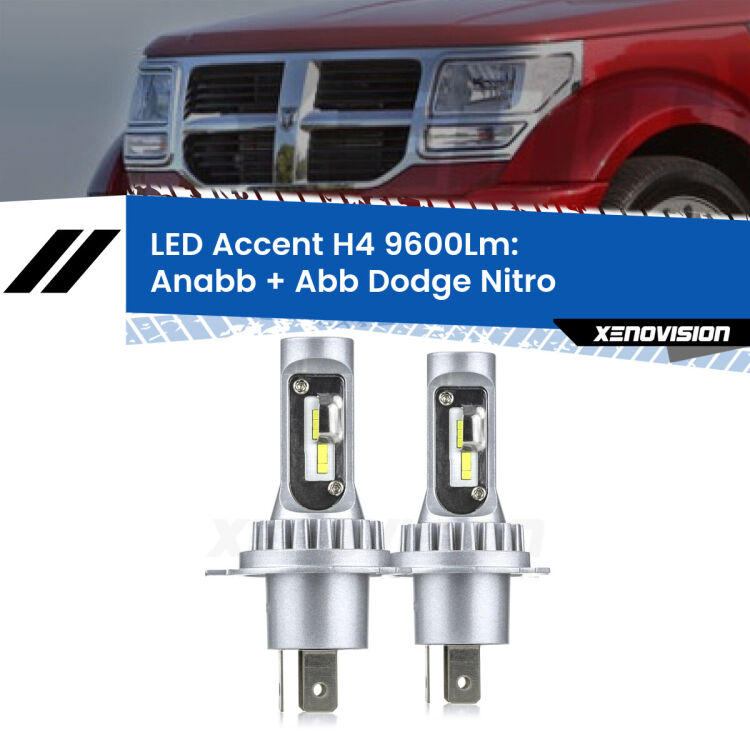 Anabbaglianti LED H4 9600Lm per Dodge Nitro 2006 - 2012 <strong>Kit LED per anabbaglianti + abbaglianti Nitro</strong> 2006 - 2012.</strong> Coppia lampade <strong>H4</strong> doppia intensità senza ventola e ultracompatte per installazioni in fari senza spazi.