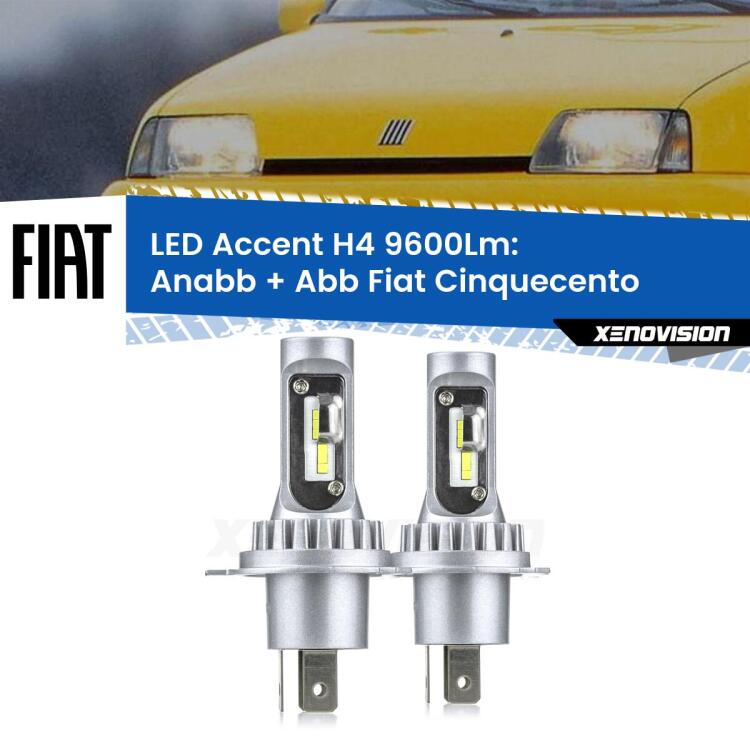 <strong>Kit LED per anabbaglianti + abbaglianti Cinquecento</strong>  1991 - 1999.</strong> Coppia lampade <strong>H4</strong> doppia intensità senza ventola e ultracompatte per installazioni in fari senza spazi.