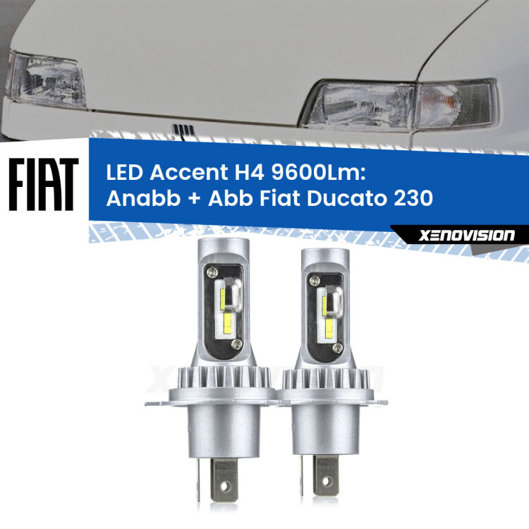 Anabbaglianti LED H4 9600Lm per Fiat Ducato 230 1994 - 2002 <strong>Kit LED per anabbaglianti + abbaglianti Ducato</strong> 230 1994 - 2002.</strong> Coppia lampade <strong>H4</strong> doppia intensità senza ventola e ultracompatte per installazioni in fari senza spazi.