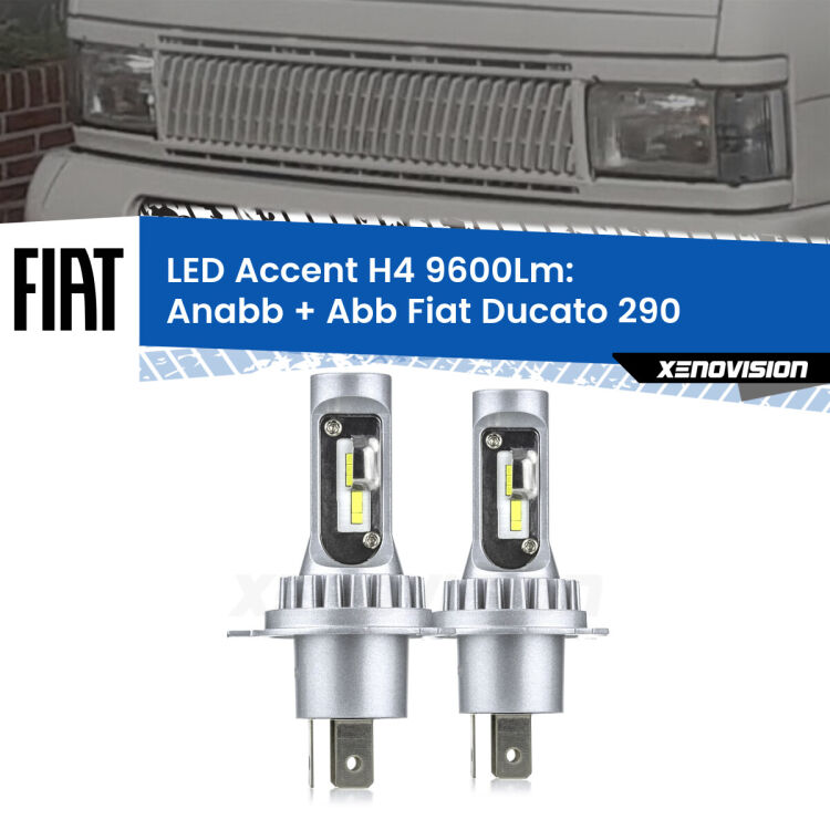 Anabbaglianti LED H4 9600Lm per Fiat Ducato 290 1989 - 1994 <strong>Kit LED per anabbaglianti + abbaglianti Ducato</strong> 290 1989 - 1994.</strong> Coppia lampade <strong>H4</strong> doppia intensità senza ventola e ultracompatte per installazioni in fari senza spazi.