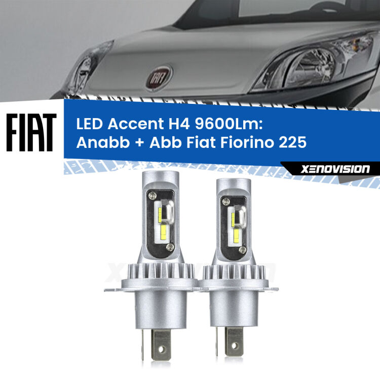 Anabbaglianti LED H4 9600Lm per Fiat Fiorino 225 2008 - 2021 <strong>Kit LED per anabbaglianti + abbaglianti Fiorino</strong> 225 2008 - 2021.</strong> Coppia lampade <strong>H4</strong> doppia intensità senza ventola e ultracompatte per installazioni in fari senza spazi.