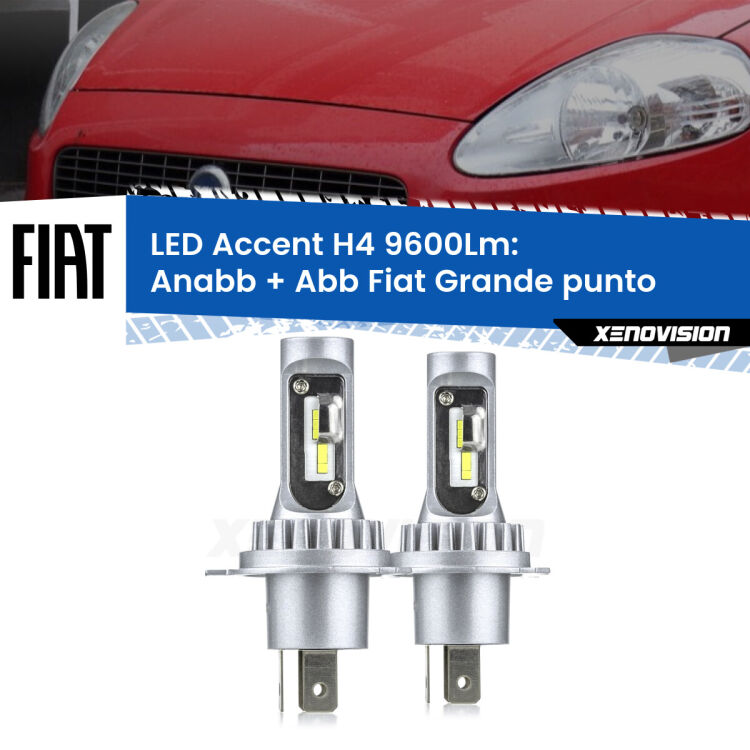 Anabbaglianti LED H4 9600Lm per Fiat Grande punto 2005 - 2018 <strong>Kit LED per anabbaglianti + abbaglianti Grande punto</strong> 2005 - 2018.</strong> Coppia lampade <strong>H4</strong> doppia intensità senza ventola e ultracompatte per installazioni in fari senza spazi.