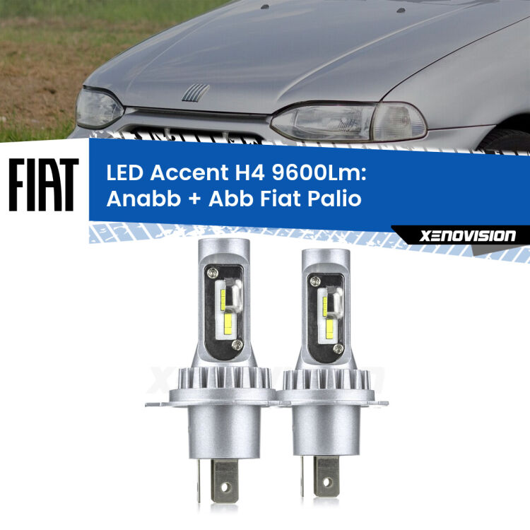 Anabbaglianti LED H4 9600Lm per Fiat Palio  1996 - 2003 <strong>Kit LED per anabbaglianti + abbaglianti Palio</strong>  1996 - 2003.</strong> Coppia lampade <strong>H4</strong> doppia intensità senza ventola e ultracompatte per installazioni in fari senza spazi.
