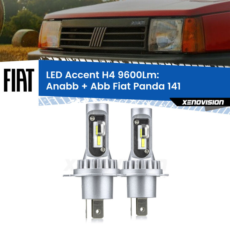 Anabbaglianti LED H4 9600Lm per Fiat Panda 141 1982 - 2004 <strong>Kit LED per anabbaglianti + abbaglianti Panda</strong> 141 1982 - 2004.</strong> Coppia lampade <strong>H4</strong> doppia intensità senza ventola e ultracompatte per installazioni in fari senza spazi.