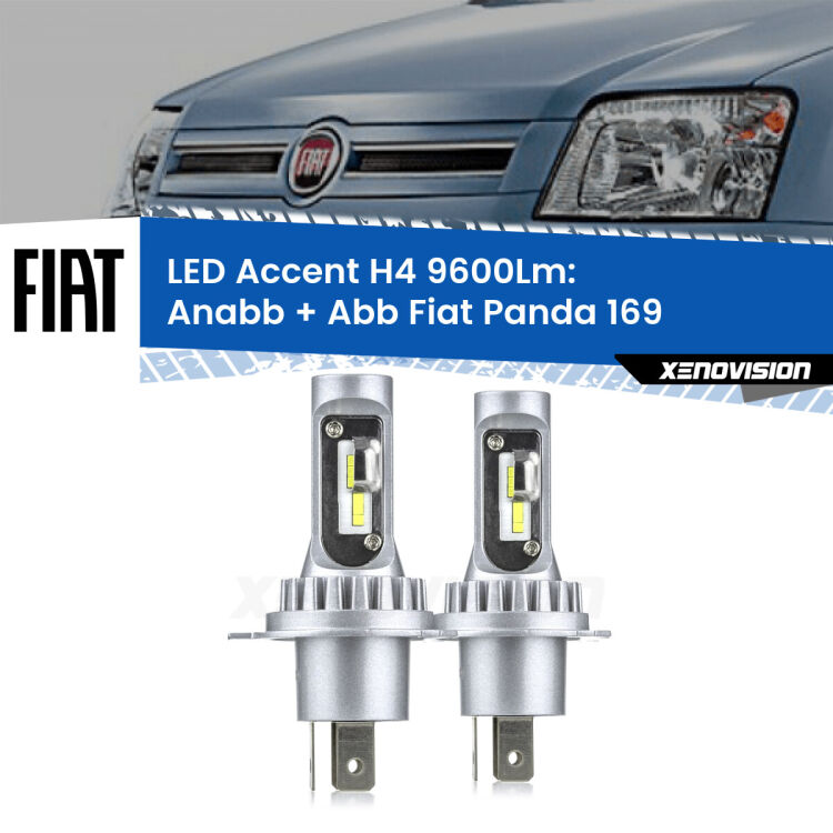 Anabbaglianti LED H4 9600Lm per Fiat Panda 169 2003 - 2012 <strong>Kit LED per anabbaglianti + abbaglianti Panda</strong> 169 2003 - 2012.</strong> Coppia lampade <strong>H4</strong> doppia intensità senza ventola e ultracompatte per installazioni in fari senza spazi.