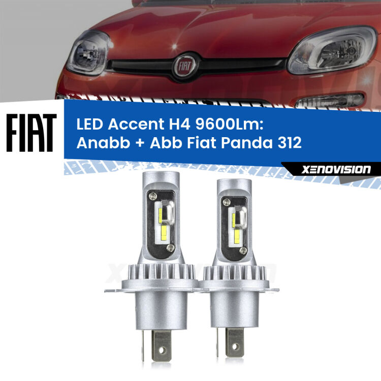 Anabbaglianti LED H4 9600Lm per Fiat Panda 312 2012 in poi <strong>Kit LED per anabbaglianti + abbaglianti Panda</strong> 312 2012 in poi.</strong> Coppia lampade <strong>H4</strong> doppia intensità senza ventola e ultracompatte per installazioni in fari senza spazi.