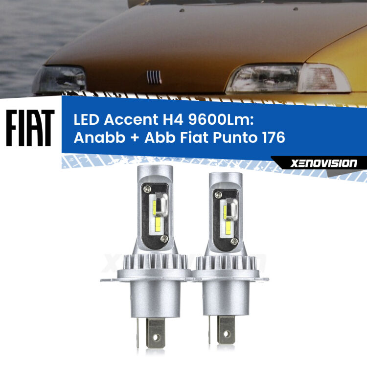 Anabbaglianti LED H4 9600Lm per Fiat Punto 176 a parabola singola <strong>Kit LED per anabbaglianti + abbaglianti Punto</strong> 176 a parabola singola.</strong> Coppia lampade <strong>H4</strong> doppia intensità senza ventola e ultracompatte per installazioni in fari senza spazi.