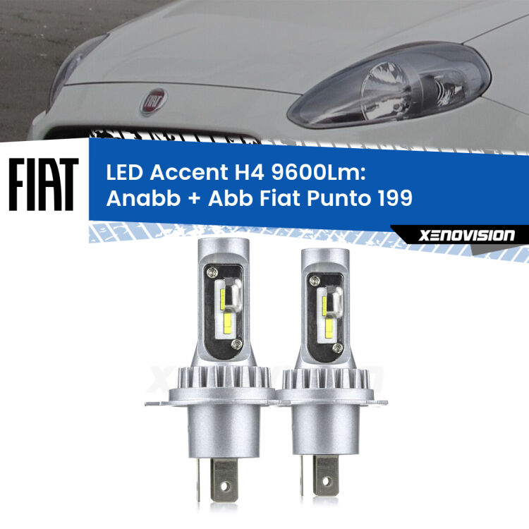 Anabbaglianti LED H4 9600Lm per Fiat Punto 199 2012 - 2018 <strong>Kit LED per anabbaglianti + abbaglianti Punto</strong> 199 2012 - 2018.</strong> Coppia lampade <strong>H4</strong> doppia intensità senza ventola e ultracompatte per installazioni in fari senza spazi.
