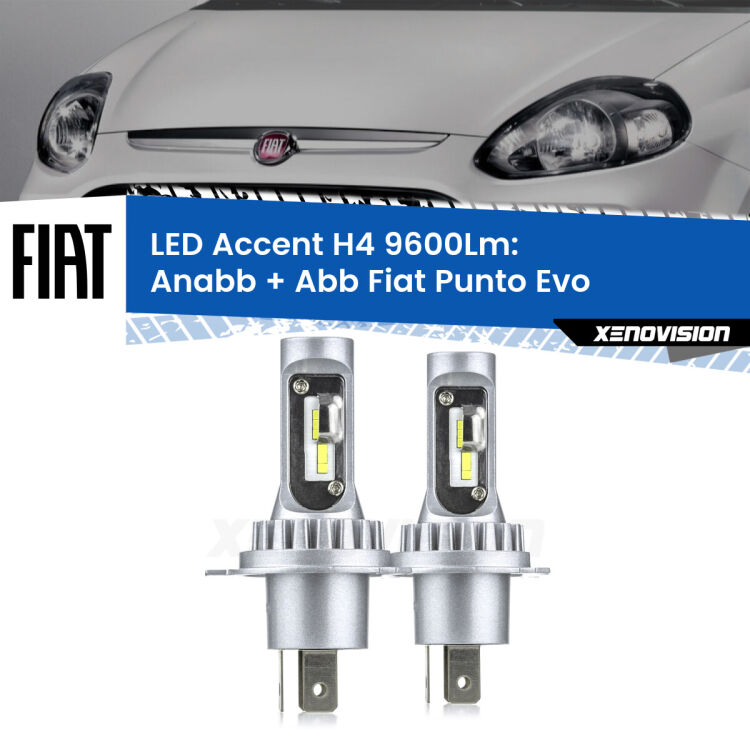 Anabbaglianti LED H4 9600Lm per Fiat Punto Evo  2009 - 2015 <strong>Kit LED per anabbaglianti + abbaglianti Punto Evo</strong>  2009 - 2015.</strong> Coppia lampade <strong>H4</strong> doppia intensità senza ventola e ultracompatte per installazioni in fari senza spazi.