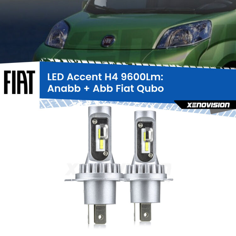 Anabbaglianti LED H4 9600Lm per Fiat Qubo  2008 - 2021 <strong>Kit LED per anabbaglianti + abbaglianti Qubo</strong>  2008 - 2021.</strong> Coppia lampade <strong>H4</strong> doppia intensità senza ventola e ultracompatte per installazioni in fari senza spazi.