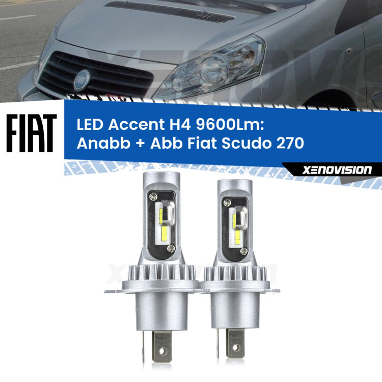 Anabbaglianti LED H4 9600Lm per Fiat Scudo 270 2007 - 2016 <strong>Kit LED per anabbaglianti + abbaglianti Scudo</strong> 270 2007 - 2016.</strong> Coppia lampade <strong>H4</strong> doppia intensità senza ventola e ultracompatte per installazioni in fari senza spazi.