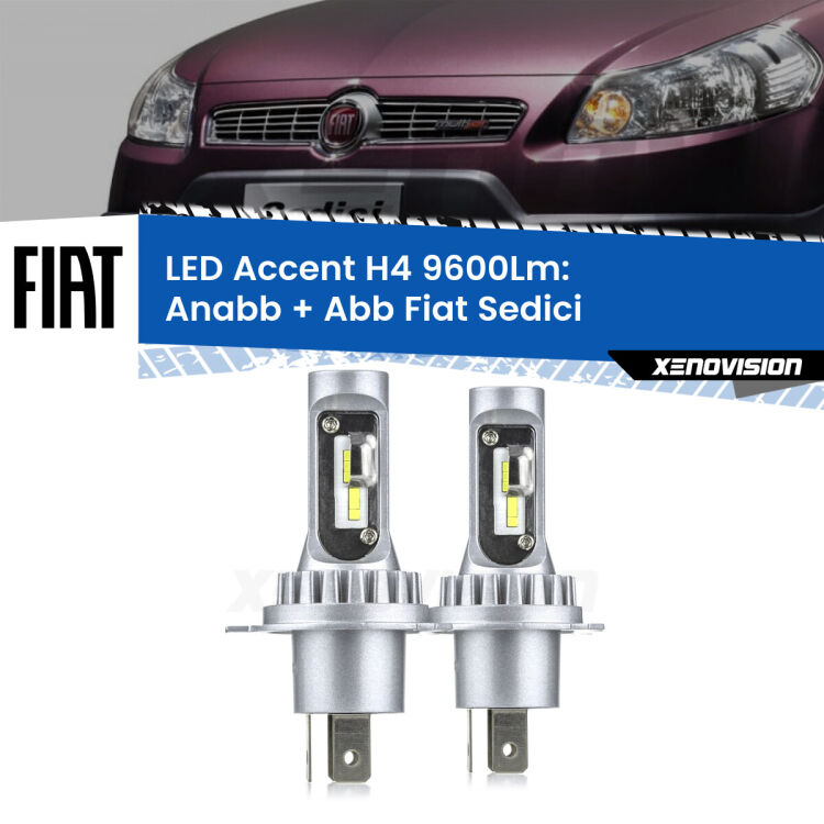 Anabbaglianti LED H4 9600Lm per Fiat Sedici  2006 - 2014 <strong>Kit LED per anabbaglianti + abbaglianti Sedici</strong>  2006 - 2014.</strong> Coppia lampade <strong>H4</strong> doppia intensità senza ventola e ultracompatte per installazioni in fari senza spazi.