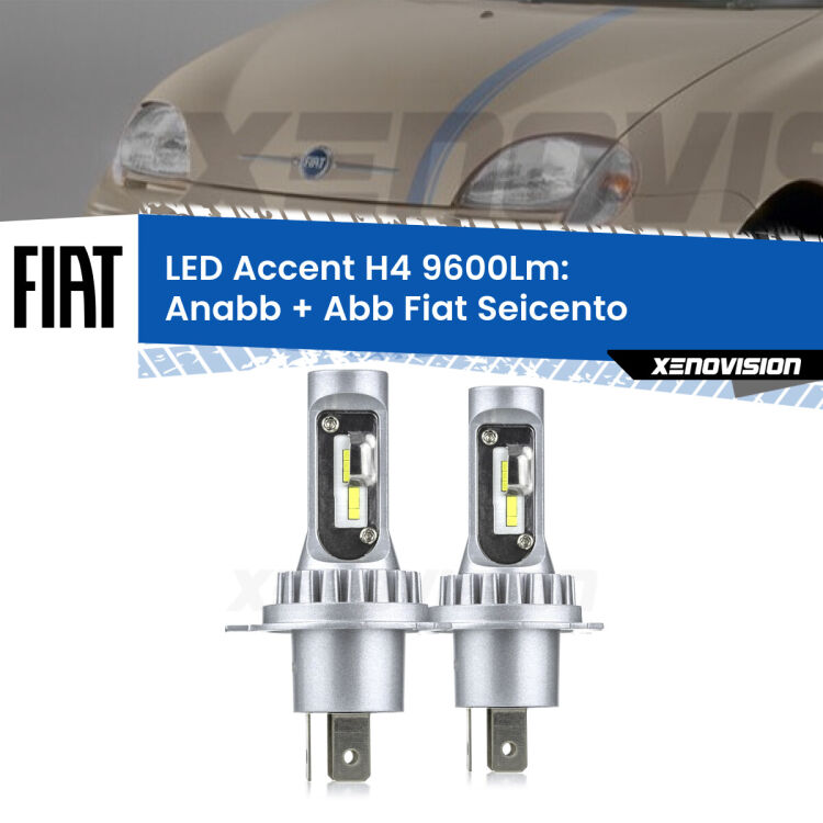 Anabbaglianti LED H4 9600Lm per Fiat Seicento 1998 - 2010 <strong>Kit LED per anabbaglianti + abbaglianti Seicento</strong> 1998 - 2010.</strong> Coppia lampade <strong>H4</strong> doppia intensità senza ventola e ultracompatte per installazioni in fari senza spazi.