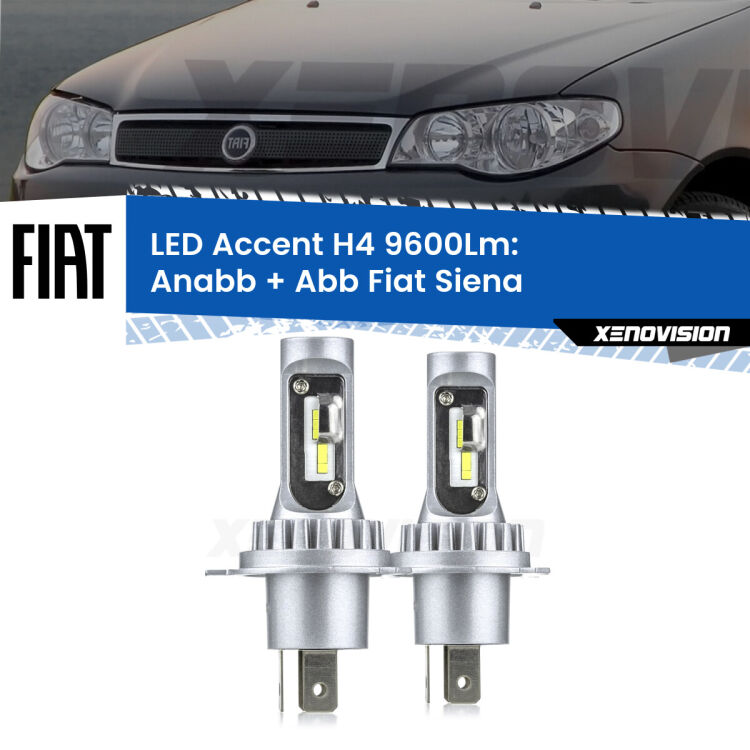 Anabbaglianti LED H4 9600Lm per Fiat Siena  a parabola singola <strong>Kit LED per anabbaglianti + abbaglianti Siena</strong>  a parabola singola.</strong> Coppia lampade <strong>H4</strong> doppia intensità senza ventola e ultracompatte per installazioni in fari senza spazi.