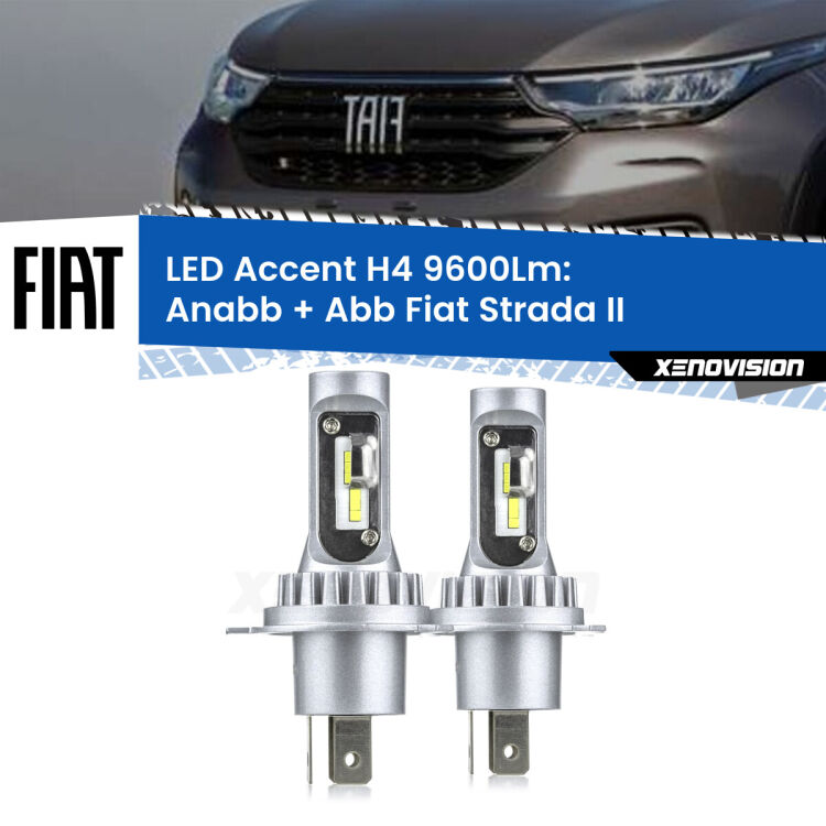 Anabbaglianti LED H4 9600Lm per Fiat Strada II prima serie <strong>Kit LED per anabbaglianti + abbaglianti Strada</strong> II prima serie.</strong> Coppia lampade <strong>H4</strong> doppia intensità senza ventola e ultracompatte per installazioni in fari senza spazi.